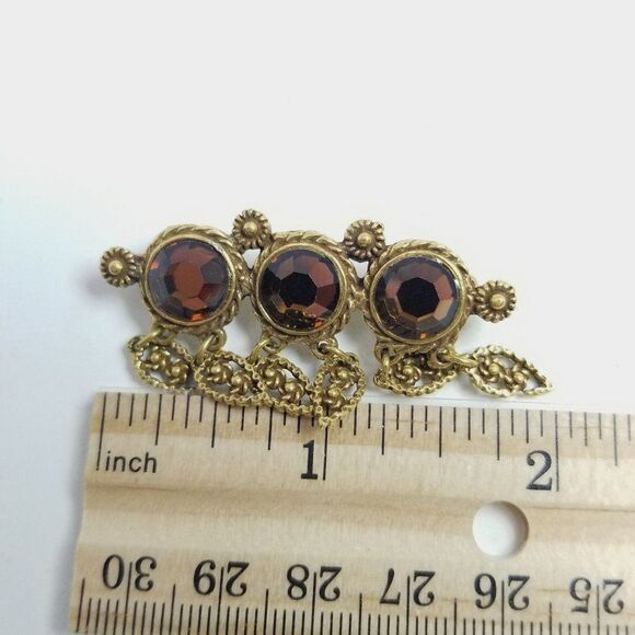 Vintage Brown Rhinestone Brooch Dangle Drop Shape Charms Gold Tone Lapel Pin - Picture 4 of 6